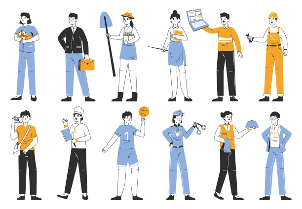 直线工人穿着专业制服，从事各种职业。人专业，IT程序员，医生，警察，厨师和建筑工人平面矢量插图集。职业集合图片下载