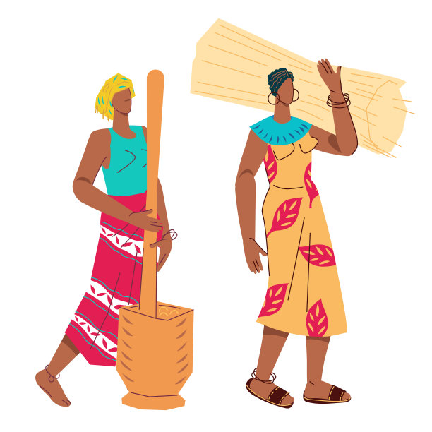 非洲农村妇女用工作工具和家居用品，平卡通矢量孤立。图片下载