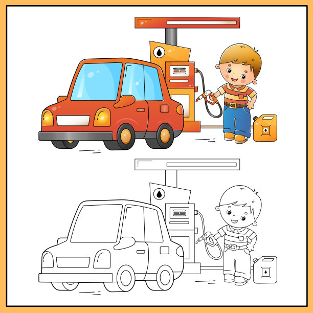 着色页轮廓的卡通司机与汽车在加油站。儿童图像运输或车辆。儿童填色书。图片下载