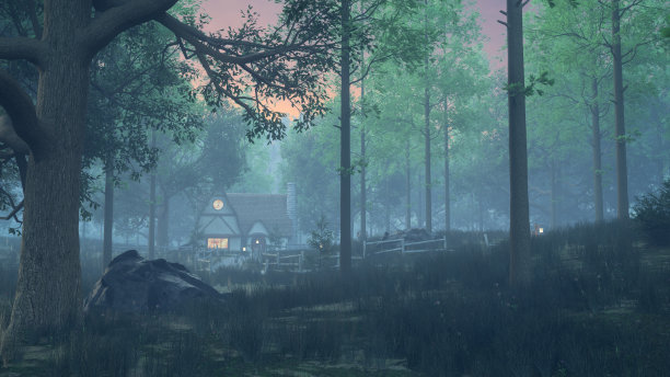 黑暗朦胧的树林里的幽灵女巫的房子。万圣节概念3D插图。图片下载