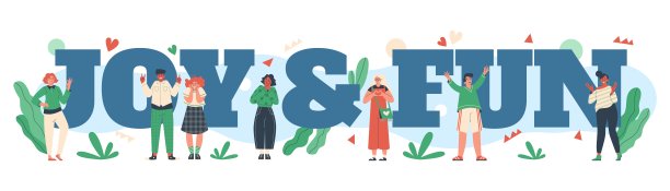 巨大的文字欢乐和乐趣，微小的人物平面风格，矢量插画图片下载