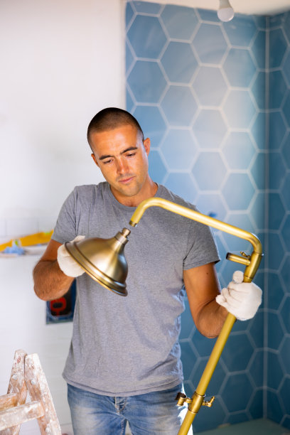 有经验的人更换浴室安装淋浴架的管道和高度可调节的淋浴头图片下载