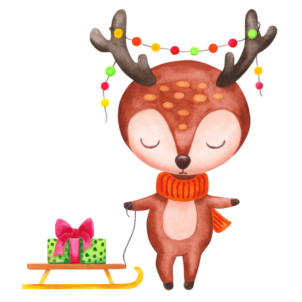 可爱的驯鹿水彩画人物。小鹿用雪橇扛礼品盒。图片下载
