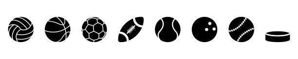 运动球矢量图标集。足球、网球、橄榄球、排球、高尔夫球、棒球、篮球、保龄球和曲棍球的球。图片下载