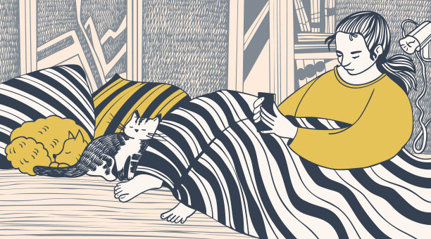 画一个女孩带着手机和宠物。图片下载