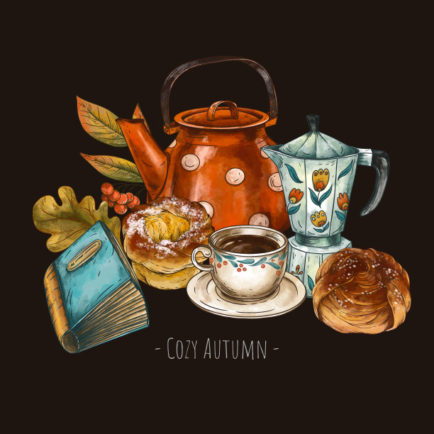 审美咖啡休息，北欧菲卡茶时间，复古插画图片下载