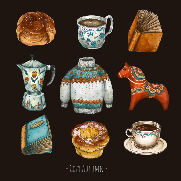 审美咖啡休息，北欧菲卡茶时间，复古插画图片下载