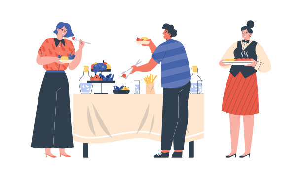 人们从普通的餐桌上取菜，女招待用扁平的托盘站着图片下载