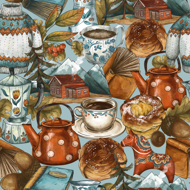 美学的咖啡休息无缝模式，斯堪的纳维亚的菲卡茶时间，复古插画图片下载