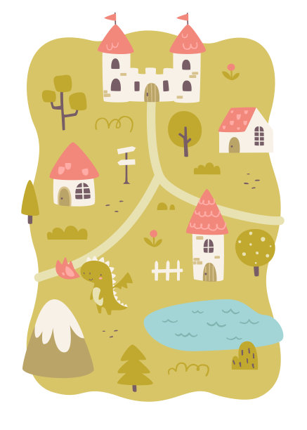 童话村庄可爱的地图与城堡和龙。中世纪卡通地图印花女婴地毯。图片下载