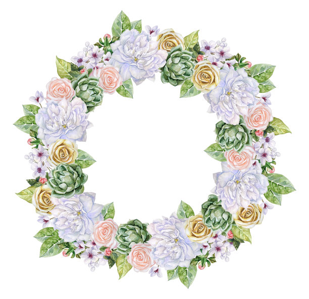 水彩花圈与花，多肉，和树叶。图片下载