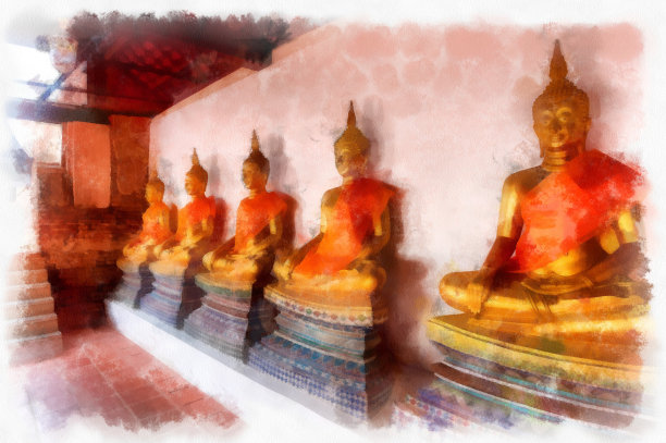 世界遗产大城府古遗址景观水彩画印象派绘画。图片下载