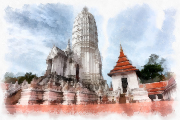 世界遗产大城府古遗址景观水彩画印象派绘画。图片下载