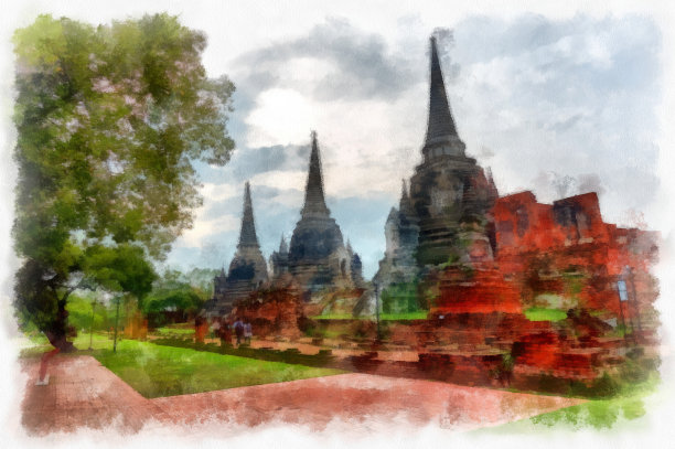 世界遗产大城府古遗址景观水彩画印象派绘画。图片下载