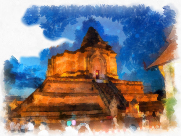 清迈古建筑委员会的山水风景和泰国旅游景点的水彩风格插画印象派绘画。图片下载