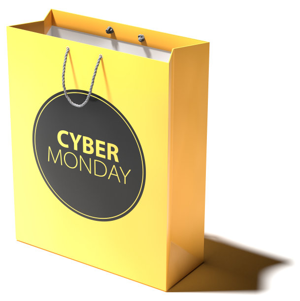 概念:黄色购物袋上写着“网络星期一”的文字。孤独的白色与阴影。图片下载