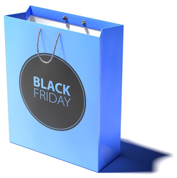 黑色星期五概念:黑色星期五的文字在蓝色购物袋上。孤独的白色与阴影。图片下载