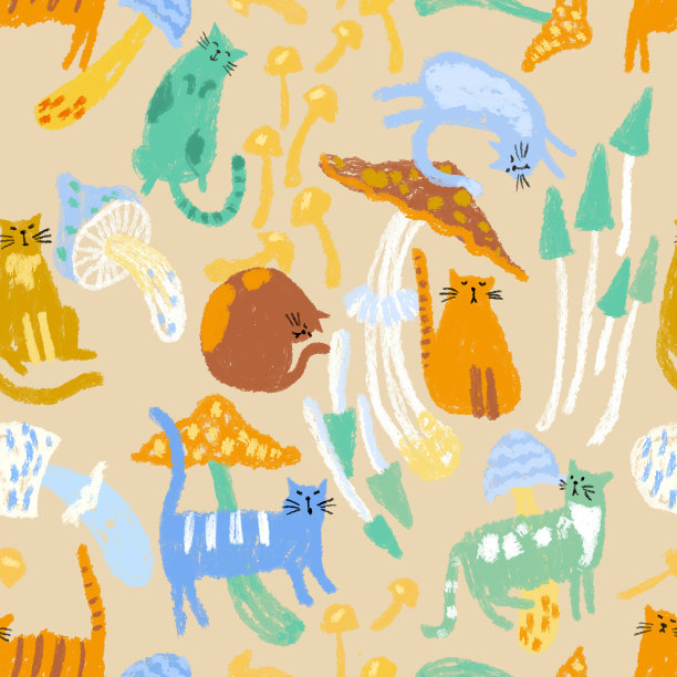 无缝模式卡通猫和蘑菇画在粉笔图片下载