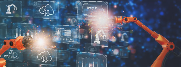 未来概念商业和工业4.0现代技术工厂，智能工业工厂自动化手臂机器人，机器人控制生产线，控制器采用人工智能或AI图片下载