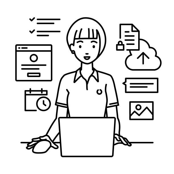 一个穿着polo衫的女人正在她的办公桌上使用笔记本电脑浏览网站、进行研究、在云上共享文件、安排日程、管理项目、组织任务以及与团队沟通图片下载