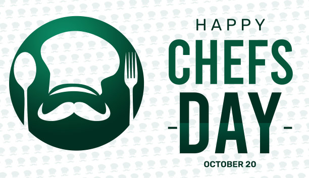 快乐厨师日墙纸绿色帽子和胡子。国际厨师日背景与勺子和叉子。图片下载
