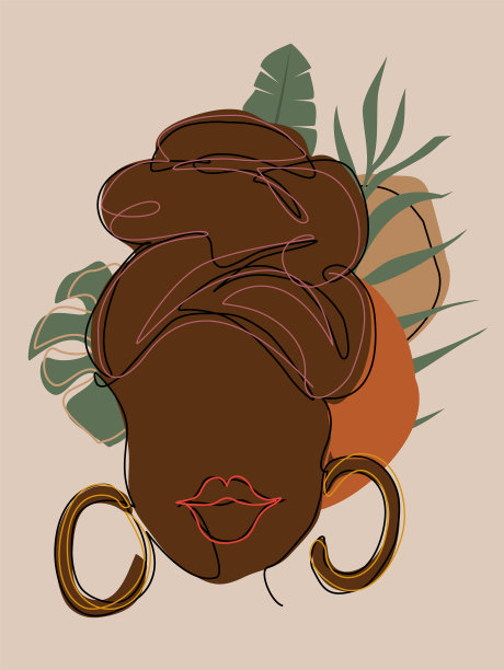 非裔美国抽象女性肖像与热带树叶和形状元素，趋势现代艺术风格矢量插画图形印刷图片下载