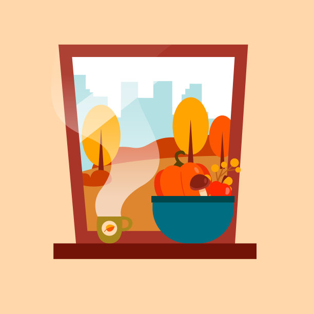 秋日的窗前有一份收获，窗台上有一杯茶。插图。美丽的背景。图片下载