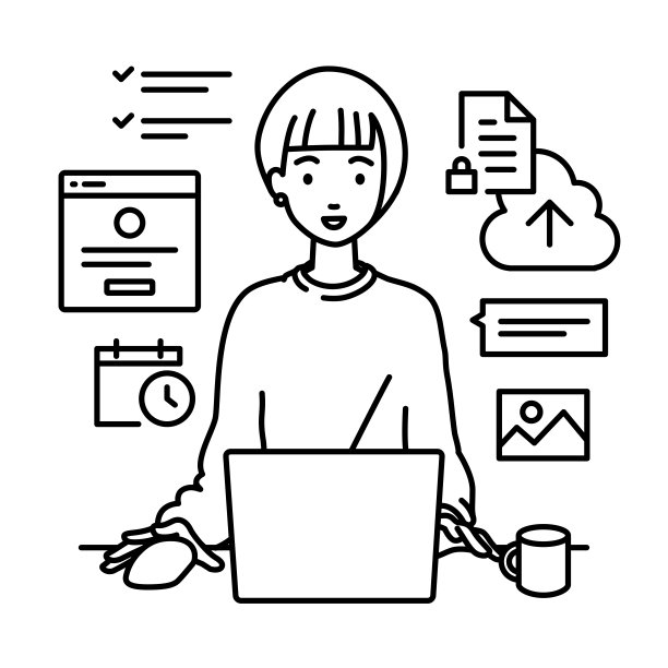 一个休闲风格的女人用笔记本电脑浏览网站，研究，在云上共享文件，安排，管理项目，组织任务，和团队在她的办公桌上用马克杯交流图片下载