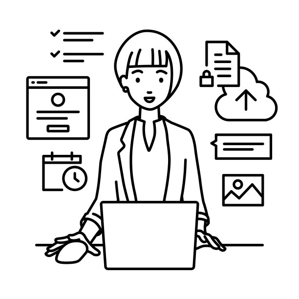 一个穿着工装外套的女人在她的办公桌上使用笔记本电脑浏览网站、进行研究、在云上共享文件、安排日程、管理项目、组织任务以及与团队沟通图片下载