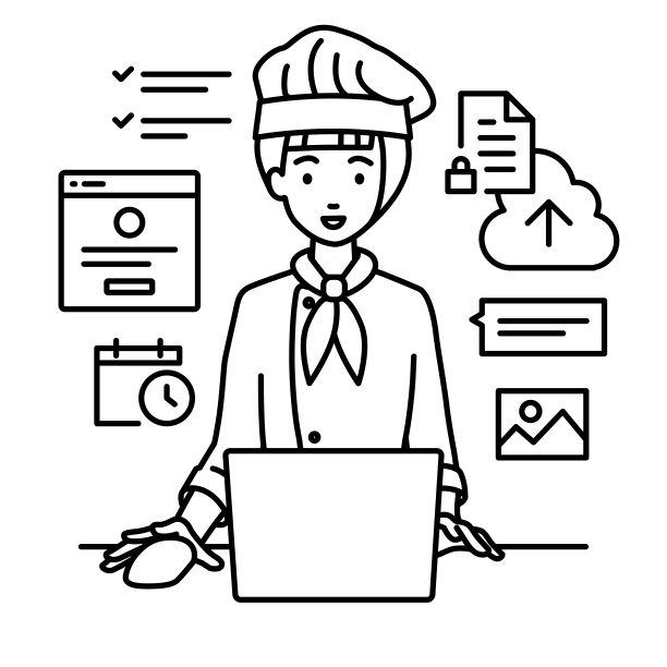 一位女厨师使用笔记本电脑浏览网站，进行研究，在云上共享文件，安排日程，管理项目，组织任务，并在她的办公桌上与团队沟通图片下载