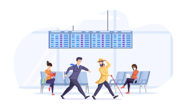 两个商人匆匆走过机场候机厅。登机迟到的乘客害怕错过飞机。图片下载