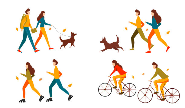 一对男女正在进行各种户外活动。插图。秋天的设置。图片下载