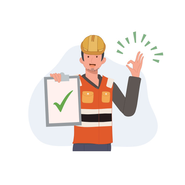 男工程师戴安全帽，安全帽上显示有勾标记的列表板和做“OK”的手势。质量体系认证的概念。矢量图图片下载