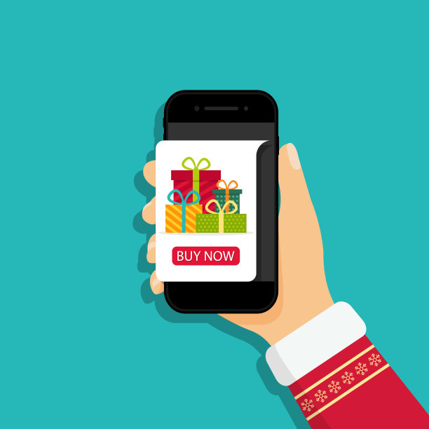 网上订购圣诞礼物。圣诞老人的手拿着手机和礼物。销售和交付在应用程序的礼物。庆祝和营销的平面插图。购物的概念。向量图片下载