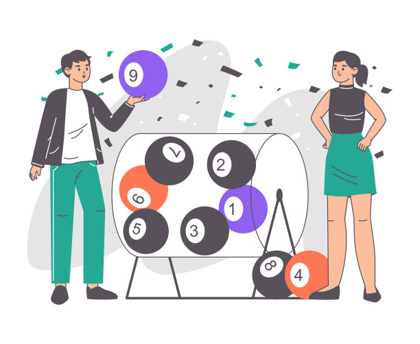 彩票机赌徒，幸运乐透游戏玩家。幸运游戏彩券号码球，幸运彩票中奖者平面矢量背景插图。大纲彩票机游戏图片下载