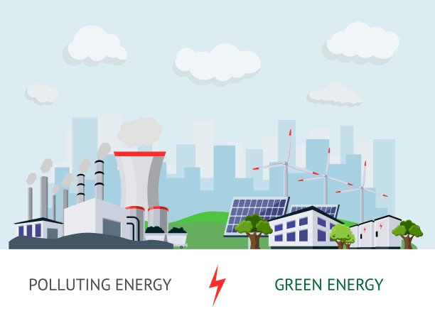 太阳能发电厂。可持续的电力生产。城市环境。核工厂。化石燃料。生态或自然污染发电站比较。向量景观图片下载