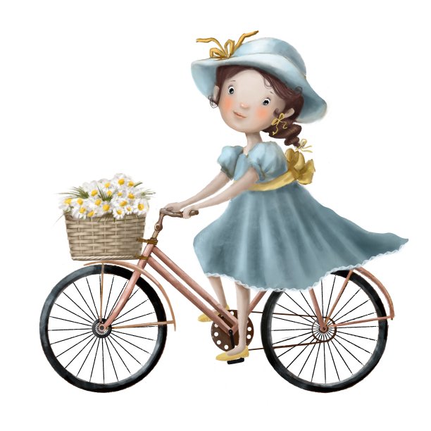 可爱的小女孩骑着带花的自行车图片下载