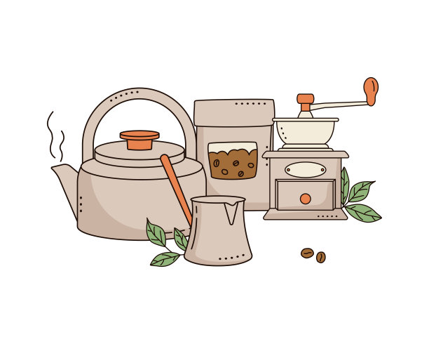 茶壶，咖啡研磨机，土耳其杯和牛皮纸袋与咖啡豆隔离在白色背景。涂鸦风格。图片下载