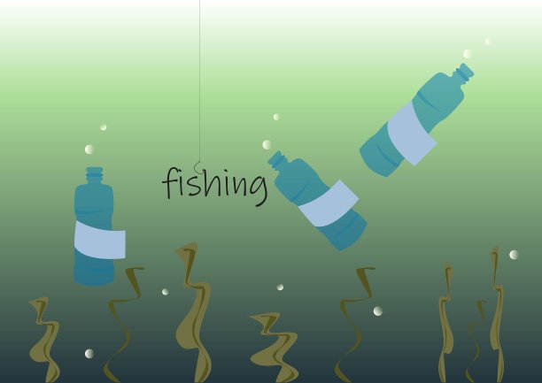 三个蓝色的空塑料瓶漂浮在海底，旁边是绿藻，鱼钩上的线/绳写着“钓鱼”。图片下载