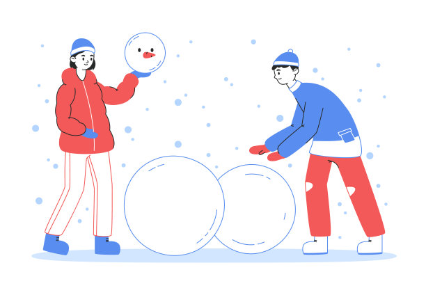 人们堆雪人，冬季户外娱乐。小朋友寒假休闲活动，卡通人物搭雪人平背景插画。孩子们在户外玩图片下载