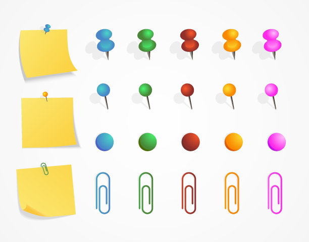 黄色贴纸设置固定的按钮与卷曲的角和推针，夹子和磁铁设置隔离在白色背景准备好您的消息。矢量图图片下载
