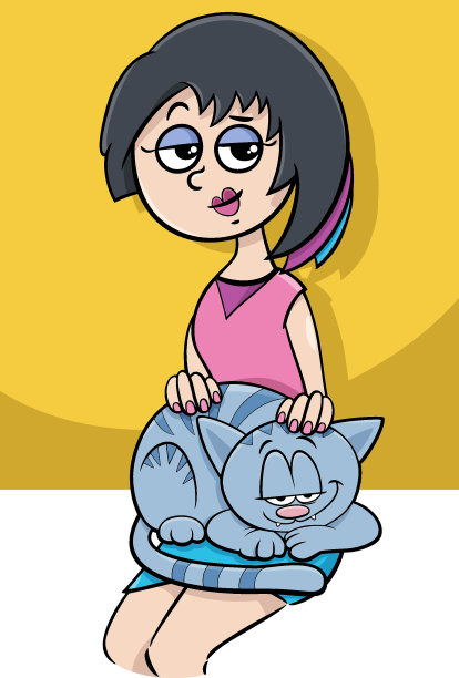 卡通女子抚摸膝上的猫图片下载