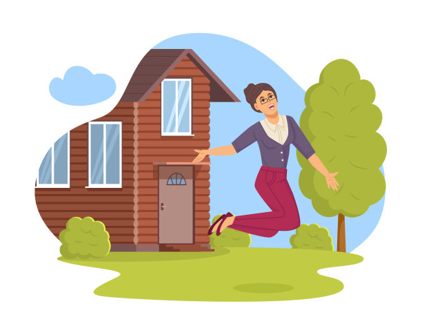 快乐兴奋的女人高兴地在木屋前跳跃。身着正装的女商人在户外享受大自然的乐趣。快乐的人享受成功图片下载