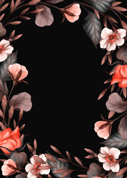 黑色背景的花朵和树叶。贺卡或邀请模板的插图。图片下载