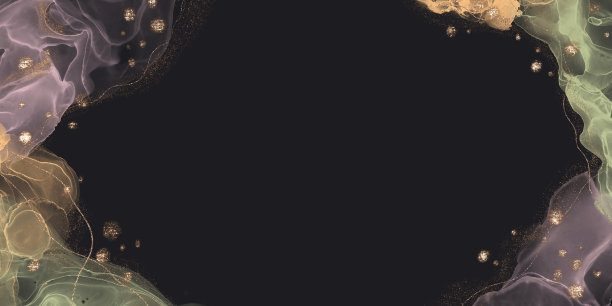 黑色背景上的酒精水墨艺术，柔和的色彩，梦幻，神秘，神奇，旗帜，金色，美丽，夜晚，闪光，烟雾，自然图片下载