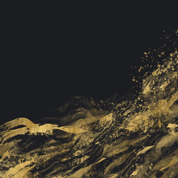 日本抽象的正方形旗帜与褪色的金色笔触和黑色背景上的飞溅。奔流的水，海洋和波浪的概念。黑色模板与文本空间图片下载