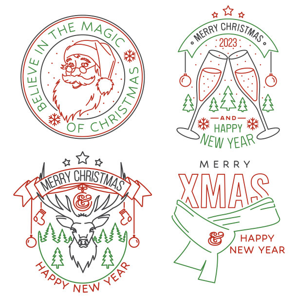 一套圣诞快乐和2023年新年快乐邮票，贴纸与玻璃杯香槟，雪花，挂圣诞球，圣诞老人，糖果。向量。圣诞线艺术设计，新年标志复古风格。图片下载