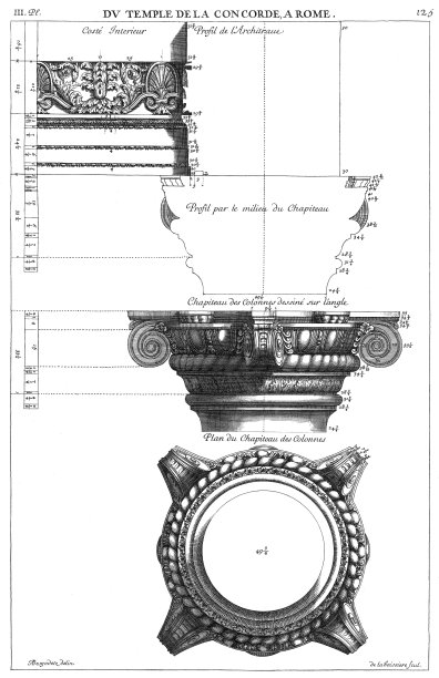 来自罗马的康科德神庙，在1682年的罗马古建筑中，在柱顶的角度和平面上画出柱顶轮廓的内侧。图片下载