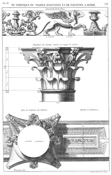 从罗马安东尼和福斯蒂纳神庙的门廊上看，1682年罗马的古代建筑在珠算的角度上画出圆柱的柱头和柱头的平面图，上面装饰着饰带。图片下载