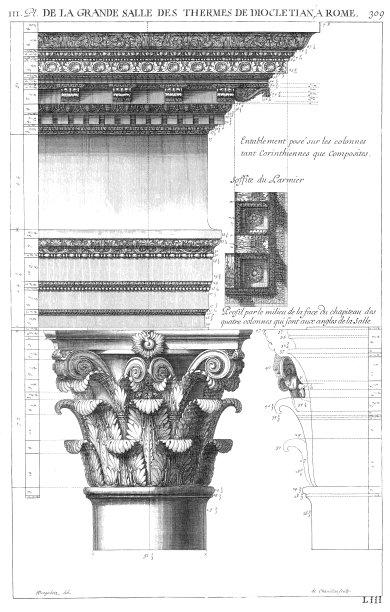 从罗马戴克里先浴场的大殿开始，科林斯式的柱头和复合柱的轮廓穿过首都正面的中间有四根柱在房间的角落，由1682年的罗马建筑绘制。图片下载